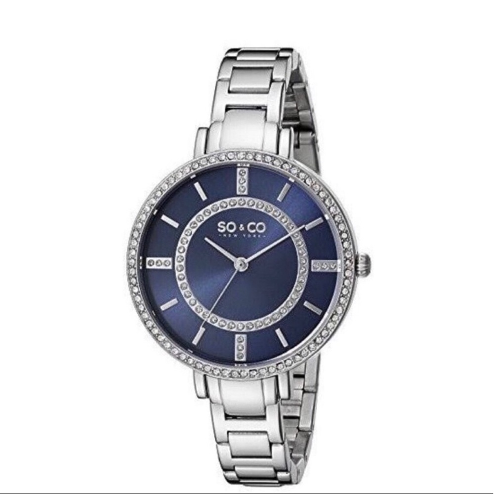 Brand New In Box SO & CO Women’s Soho Watch In Navy Blue With Crystal Accents